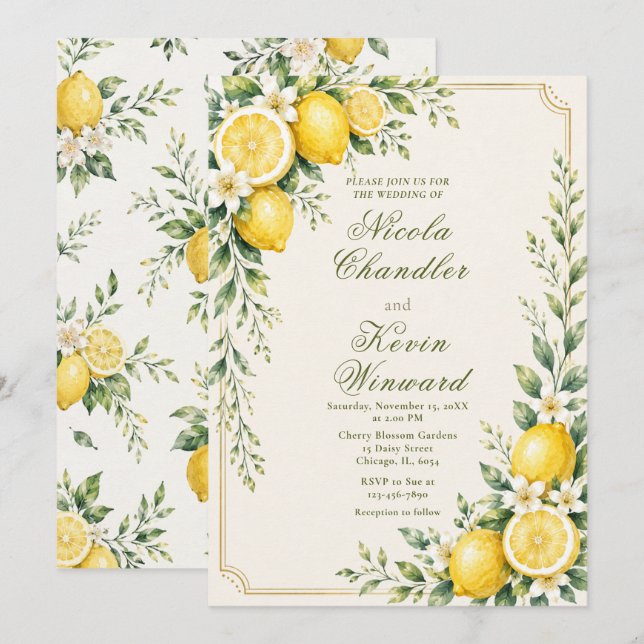 Convite Casamento Botânico com Limão (Frente/Verso)