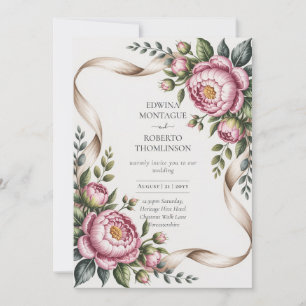 Convite Casamento Botânico com Peônia e Fita Heritage Blus