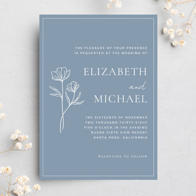 Convite Casamento Botânico com Poeira de Flores Silvestres (Botanical Wildflower Dusty Blue Wedding Invitation)