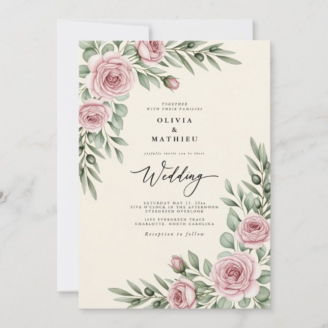Convite Casamento Botânico com Rosa Cor-de-Rosa (Frente)
