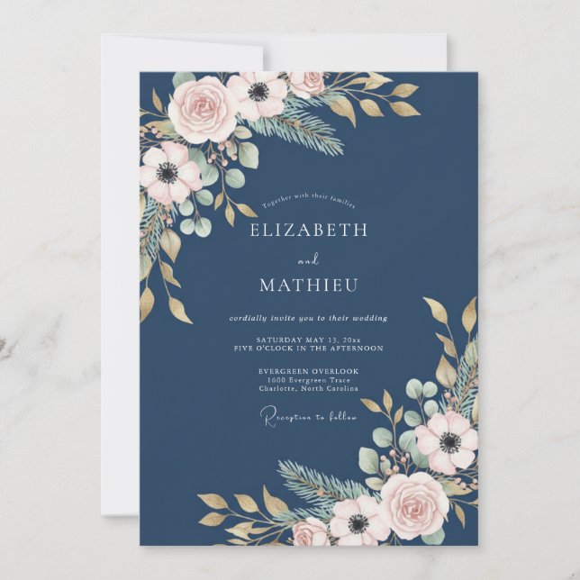 Convite Casamento Botânico com Rosa Navy (Frente)