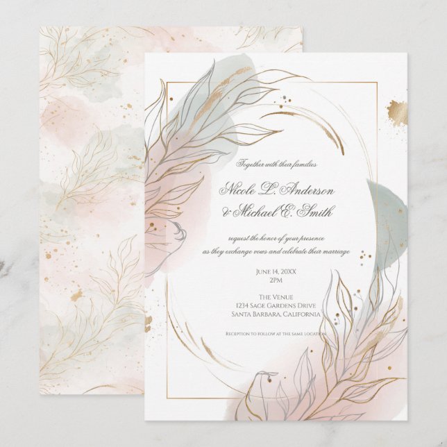 Convite Casamento Botânico com Sage Dourado e Rubor (Frente/Verso)