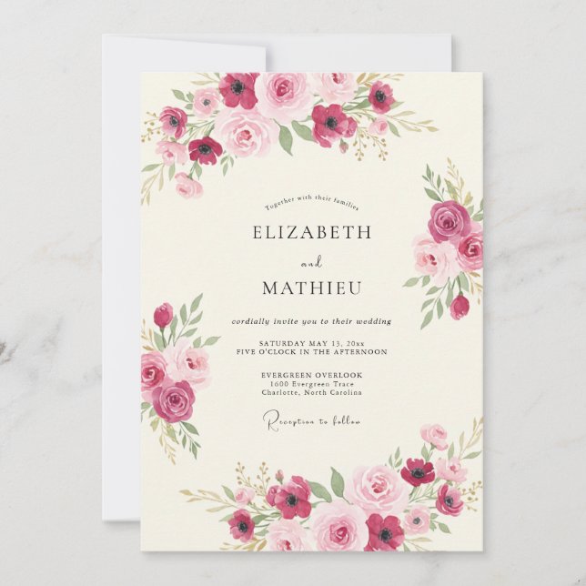 Convite Casamento Botânico com Toque de Magenta (Frente)