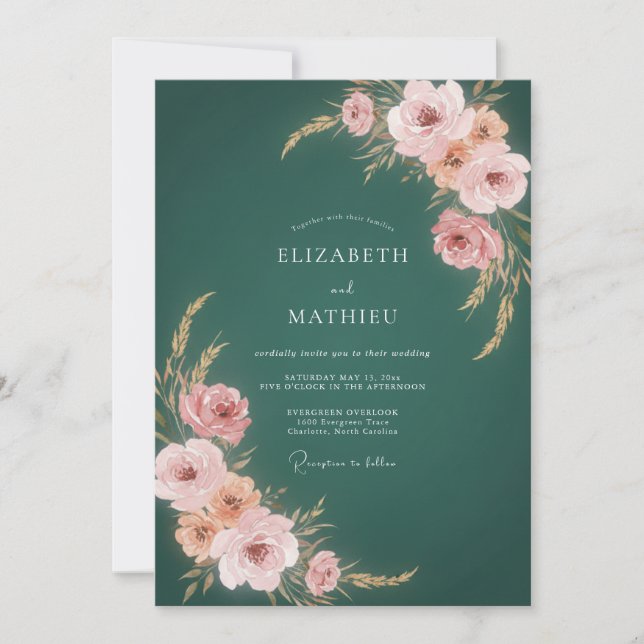 Convite Casamento Botânico com Toque de Rosa Teal (Frente)