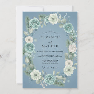 Convite Casamento Botânico Congelado Azul Empoeirado