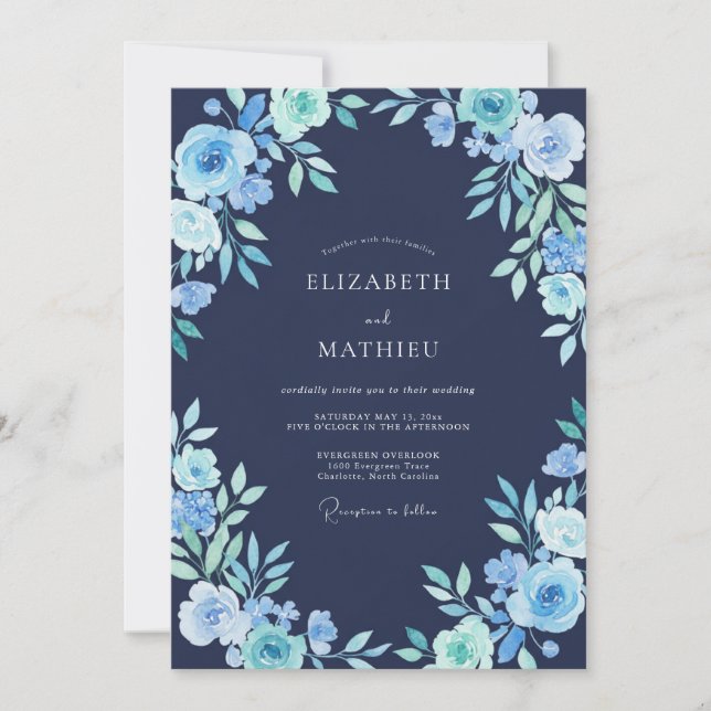 Convite Casamento Botânico Congelado Azul Marinho (Frente)
