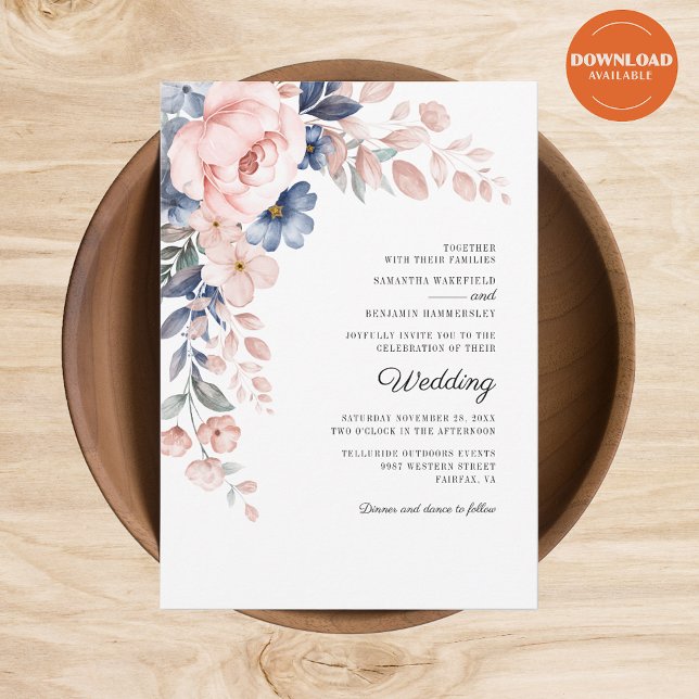 Convite Casamento Botânico Cor de Água Rosa Floral (Blush Pink Floral Watercolor Script Wedding Invitation)