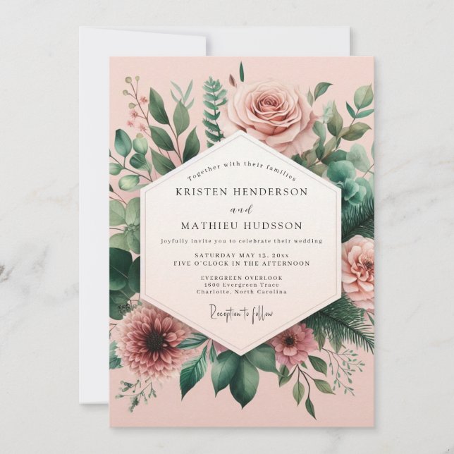 Convite Casamento Botânico Cor-de-Rosa Sonho (Frente)