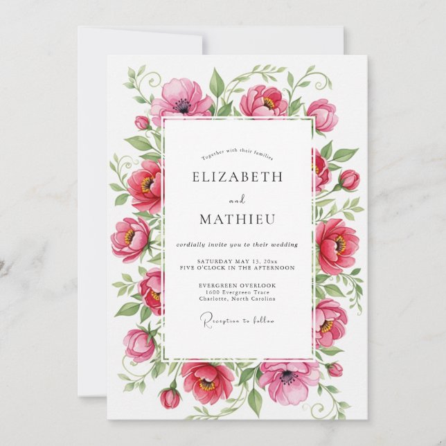 Convite Casamento Botânico Cor-de-Rosa Vibrante de Primave (Frente)