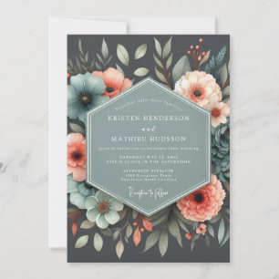 Convite Casamento Botânico Coral Ardósia