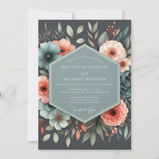 Convite Casamento Botânico Coral Ardósia (Frente)