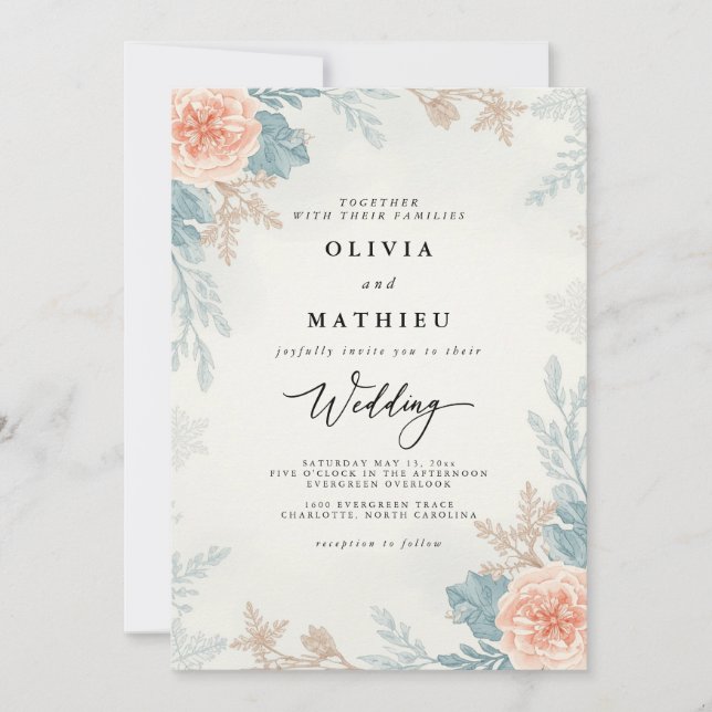 Convite Casamento Botânico Coral Muted (Frente)