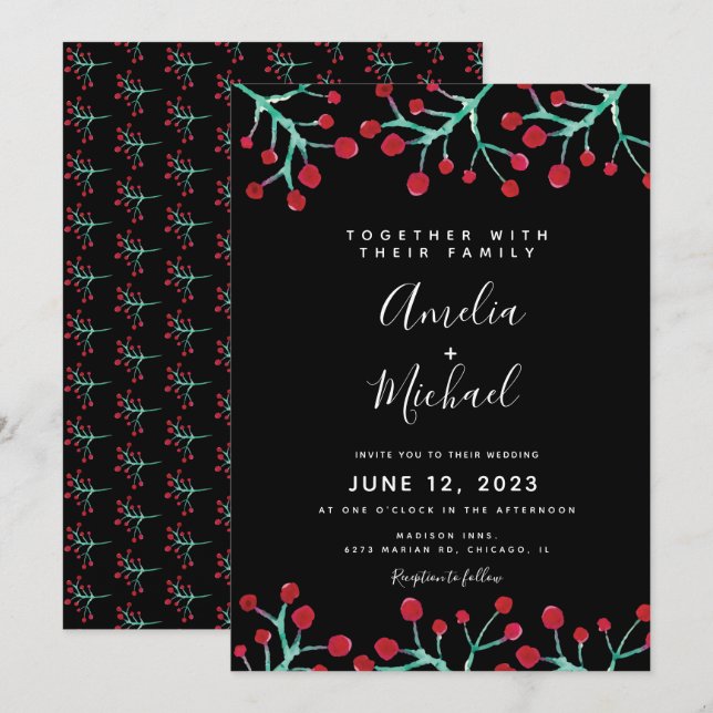 Convite Casamento Botânico de Água-forte de Natal com Frut (Frente/Verso)