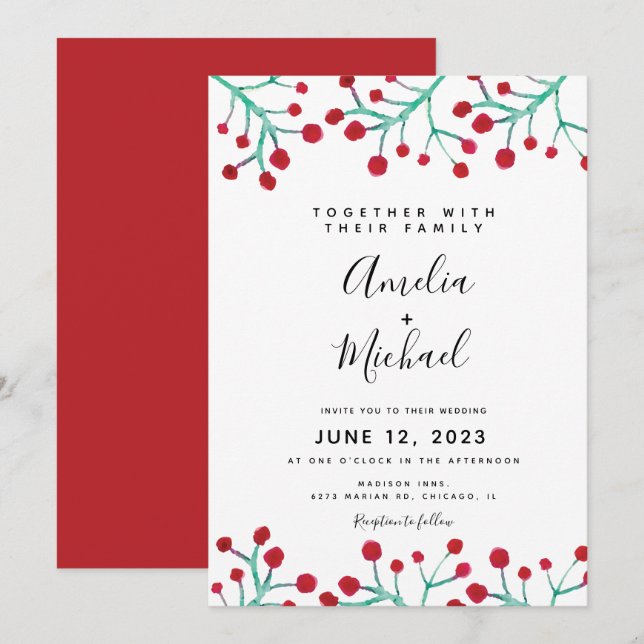 Convite Casamento Botânico de Água-forte de Natal com Frut (Frente/Verso)