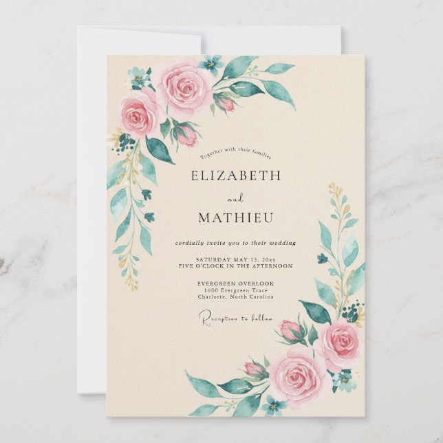 Convite Casamento Botânico de Aquarela Rosa Champanhe (Frente)