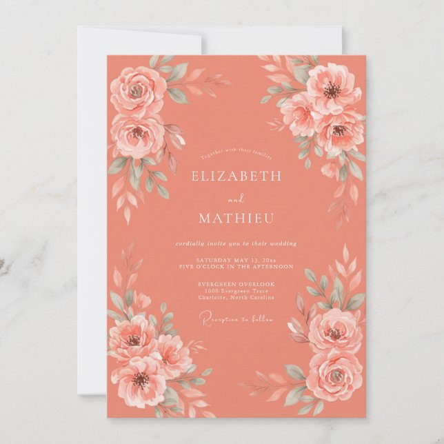 Convite Casamento Botânico de Aquarela Suave Coral (Frente)