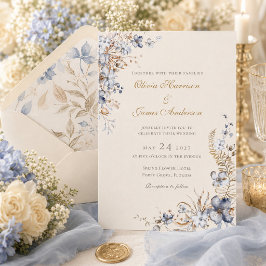 Convite Casamento Botânico de Champanhe Azul Empoeirado e