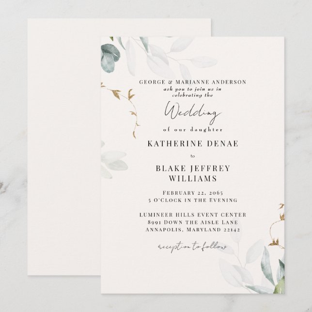 Convite Casamento Botânico de Champanhe Leve (Frente/Verso)