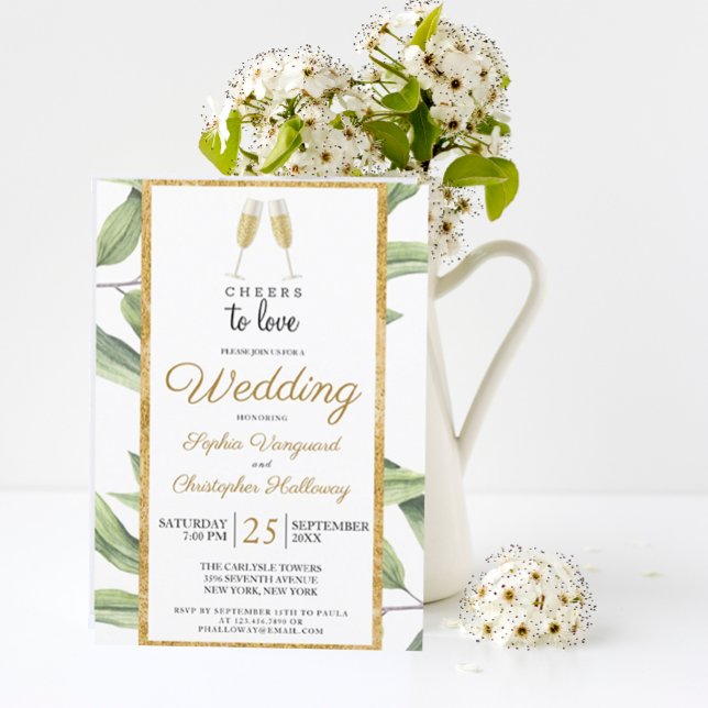 Convite Casamento Botânico de Chic Champagne (CHEERS TO LOVE ELEGANT MODERN  BOTANICAL WEDDING INVITATION
)
