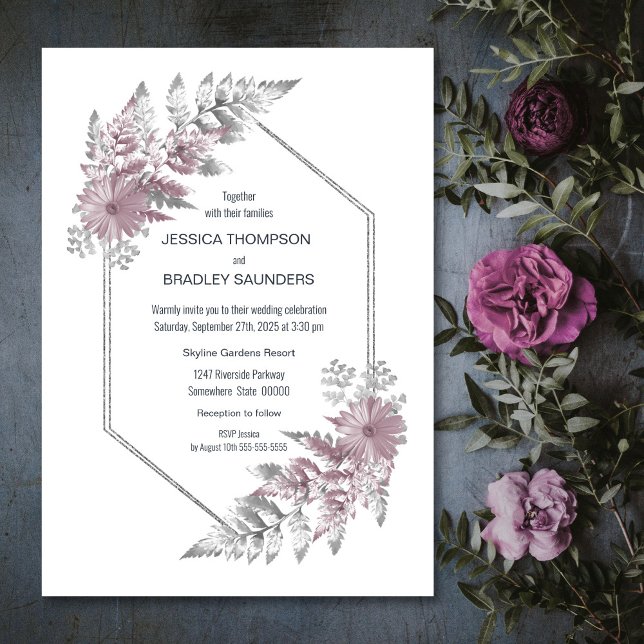 Convite Casamento Botânico de Cinza Elegante Dusty (Criador carregado)