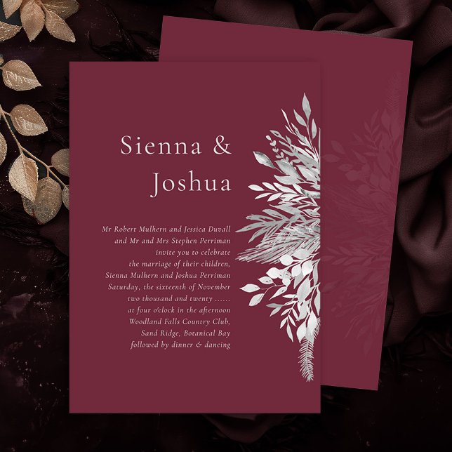 Convite Casamento Botânico de Cinzas de Borgonha Simples (Wedding Invitation in burgundy and grey from the Foliage Duet Collection by Darling & May)
