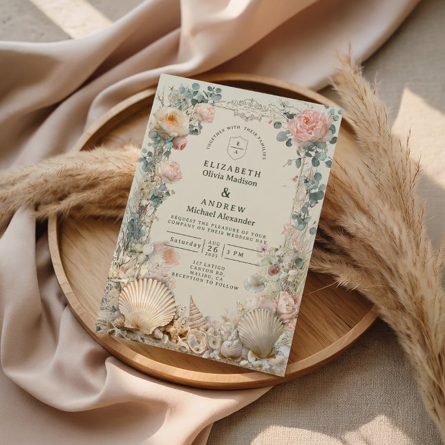 Convite Casamento Botânico de Conchas Marinhas Costeiras (Criador carregado)
