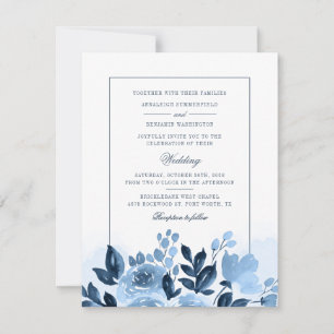 Convite Casamento Botânico De Cor Azul De Letra Floral
