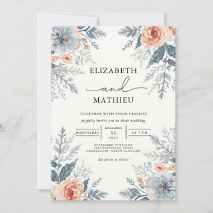 Convite Casamento Botânico de Coral Azul Molho