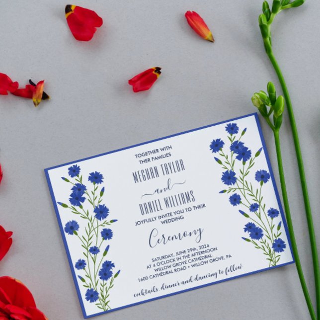 Convite Casamento Botânico de Cornflower Blue (Criador carregado)