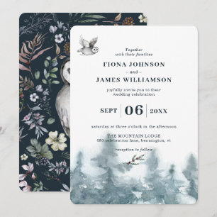 Convite Casamento Botânico de Coruja Florestal em Aquarela