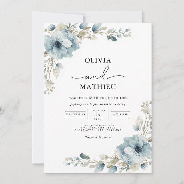 Convite Casamento Botânico de Dusty Blue Floral (Frente)