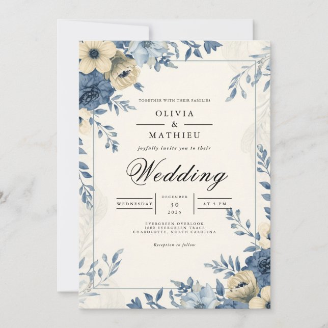 Convite Casamento Botânico de Dusty Blue Floral (Frente)
