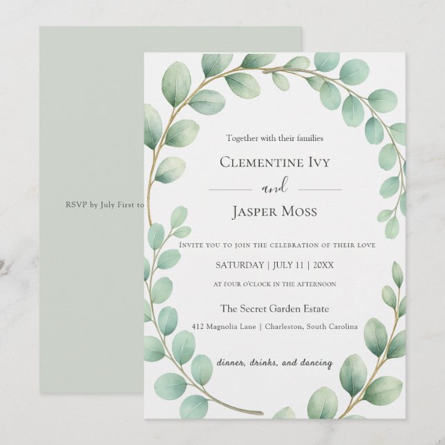Convite Casamento Botânico de Eucalipto Verde Salvia Boho (Frente/Verso)