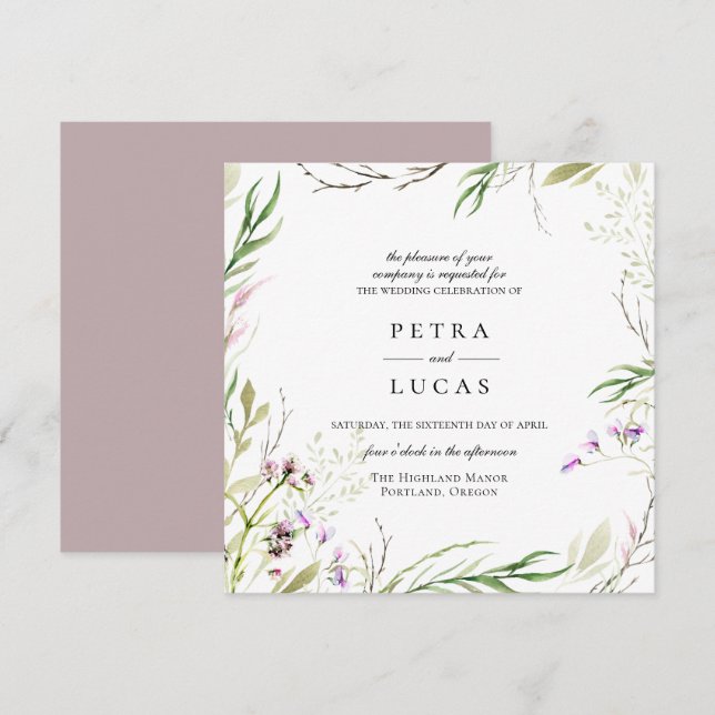 Convite Casamento Botânico de Flor Selvagem Elegante (Frente/Verso)