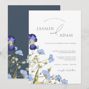 Convite Casamento Botânico de Flor Silvestre Azul Elegante