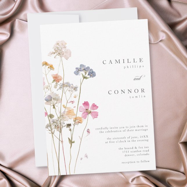 Convite Casamento Botânico de Flor Silvestre Pressionada B (Boho Minimal Pressed Wildflower Botanical Wedding Invitation)