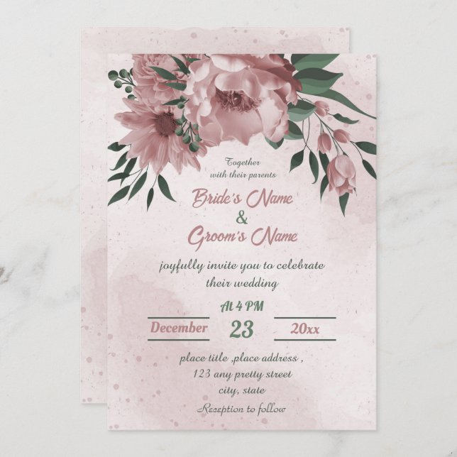 Convite casamento botânico de flores rosa (Frente/Verso)