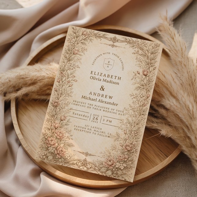 Convite Casamento Botânico de Flores Silvestres Antigas Vi (Criador carregado)