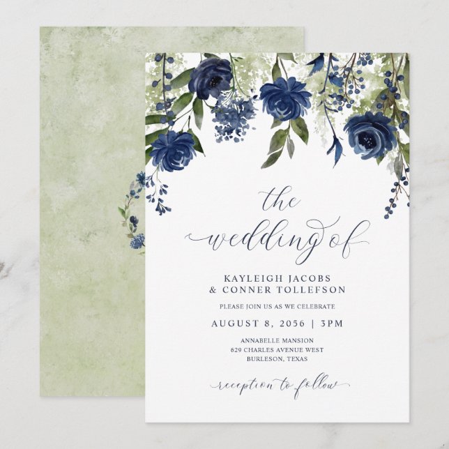 Convite Casamento Botânico de Flores Silvestres Azuis Mari (Frente/Verso)