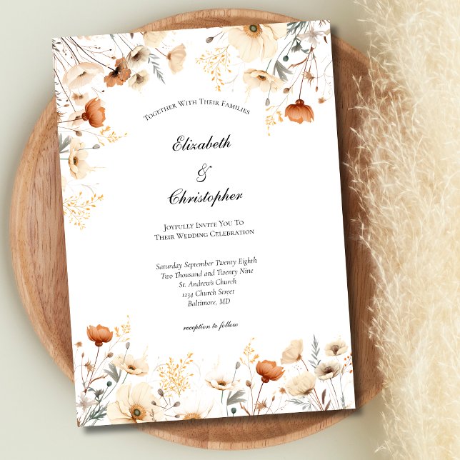 Convite Casamento Botânico de Flores Silvestres Bege Ferru (Boho Neutral Beige Rust Terracotta Wildflowers Wedding Invitation)