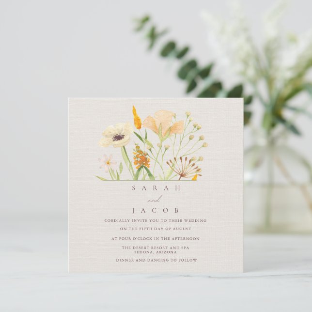 Convite Casamento Botânico de Flores Silvestres Simples (Em pé/Frente)