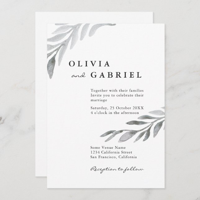 Convite Casamento botânico de folhagem de água doce (Frente/Verso)