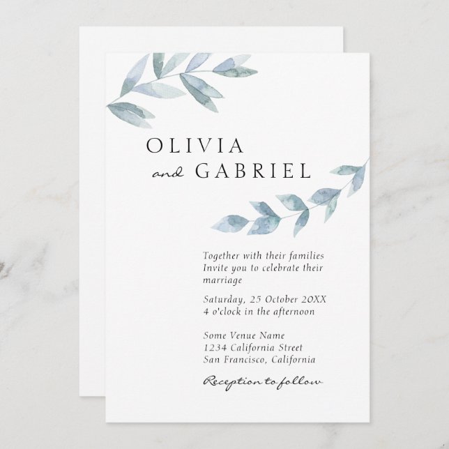 Convite Casamento botânico de folhagem de coloração aquosa (Frente/Verso)