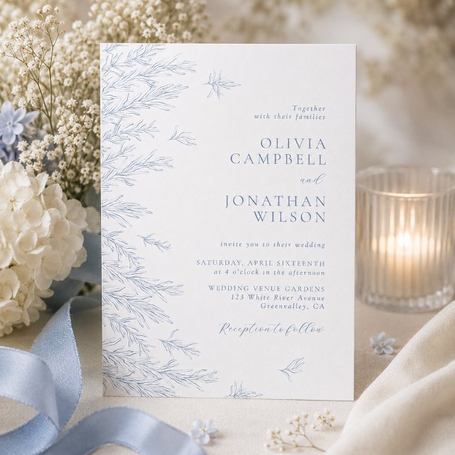 Convite Casamento Botânico de Folhas Azul Poeira Suave e E (Criador carregado)