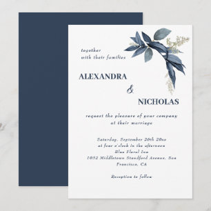 Convite Casamento Botânico de Folhas Marinhos Elegantes