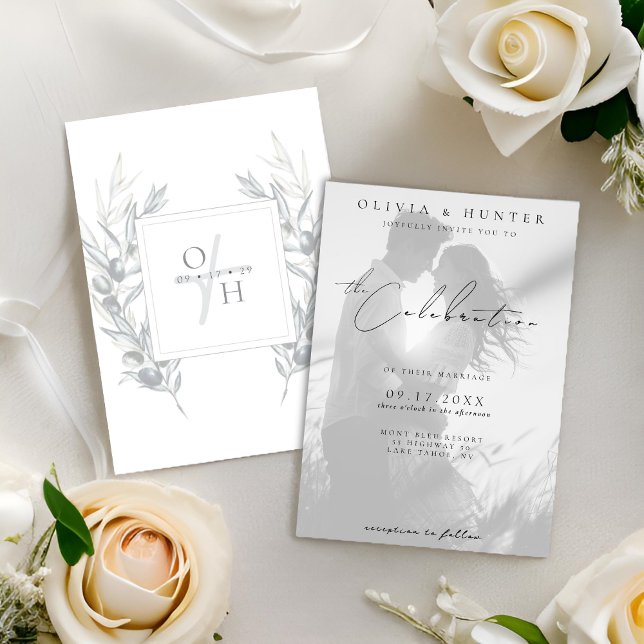 Convite Casamento Botânico de Foto Branca e Preta (Criador carregado)