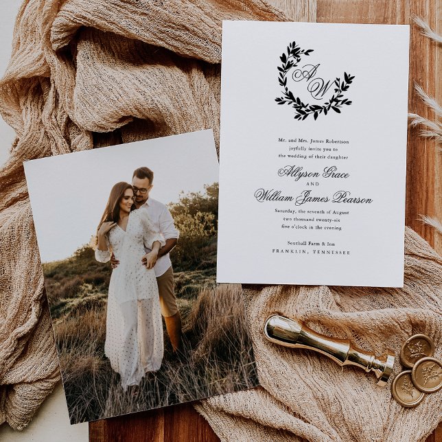 Convite Casamento Botânico de Foto do Monograma do Script  (Criador carregado)