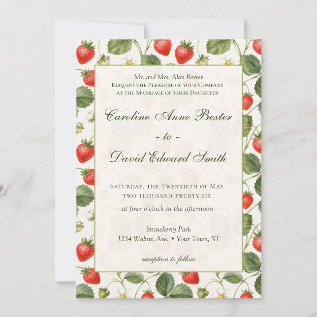 Convite Casamento Botânico de Frutas de Verão com Morango  (Frente)