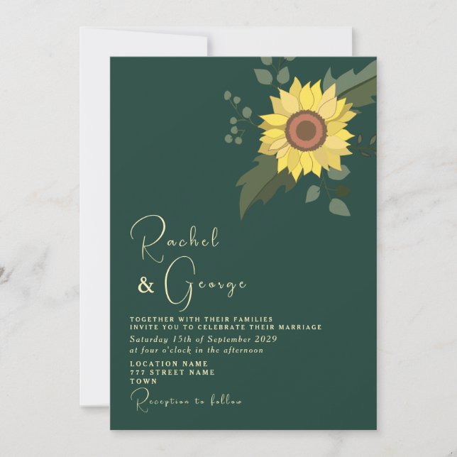 Convite Casamento Botânico de Girassol Esmeralda Verde (Frente)