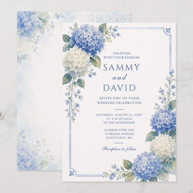 Convite Casamento Botânico de Hortênsia Azul (Frente/Verso)